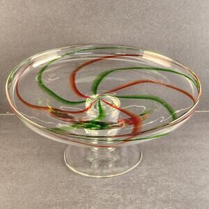 Hand Blown Glass Cake Stand Red Green Swirl 12.5" Pedestal Dessert Plate